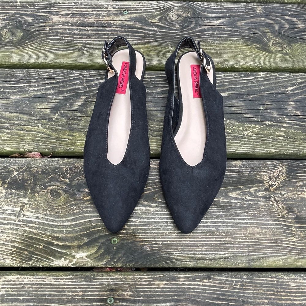 London Rebel Black Suede Flat Slingbacks